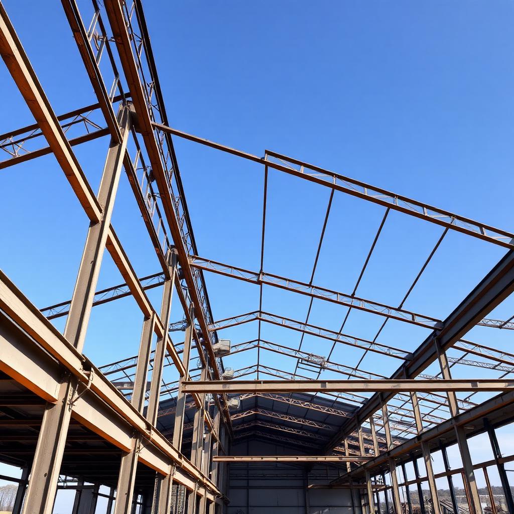 Estrutura metálica de galpão em construção